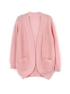 Women's pink waffle knit cardigan with long sleeves and open front featuring pockets