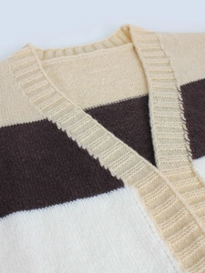 Three-color patchwork V-neck knit cardigan vest in beige, coffee, and white