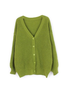 Women's lime green V-neck long sleeve waffle knit cardigan sweater with button closure