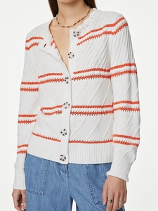 Women Striped Knit Cardigan Round Neck Single Breasted Long Sleeve Casual Sweater Top Ribbed Hem Outerwear