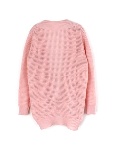 Pink waffle knit cardigan sweater with long sleeves and heavy textured open knit pattern