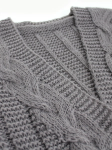 Women's long sleeve grey cable knit cardigan sweater with soft mohair texture