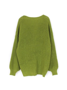 Grass green waffle knit sweater for women with loose fit and ribbed crew neck