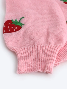 Pink mohair knit cardigan featuring detailed strawberry embroidery and ribbed cuffs