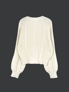 Women's cream cable knit cropped cardigan with lantern sleeves shown from the back view