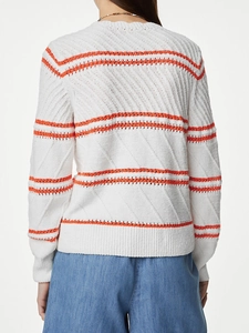 Women's knitted long-sleeve sweater with orange horizontal stripes on white fabric