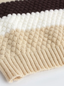 Detail macro shot of popcorn stitch knitting and ribbed hem in tricolor stripe cardigan