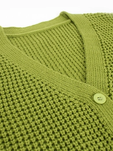Grass green long sleeve knit cardigan sweater with textured honeycomb stitch and ribbing