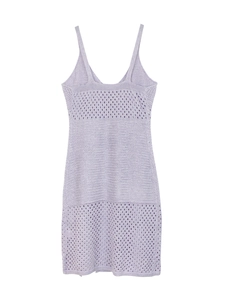Detail of light purple knitted maxi dress showing intricate crochet patterns and hollow-out texture