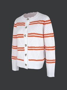 Women's striped knit cardigan in white and orange with tortoise buttons and round neck