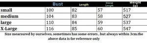 Detailed size chart for women's knit long sleeve dress showing bust and length measures