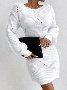 Women Casual White Hollow Out Knitted Dress Wave Texture Crew Neck Long Sleeve Slim Mid Length Soft Knit Pullover Dress