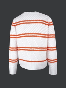 Women's white and orange horizontal striped knit sweater with textured long sleeves