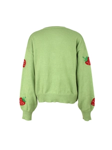 Close-up back view of a light green knitted cardigan with red strawberry embroidery