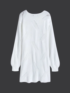 Women's white long sleeve hollow out knit casual sweater dress with wavy texture