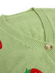 Detail of V-neck knit cardigan with strawberry embroidery and marble pattern button