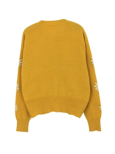 Back view of a ginger yellow knit cardigan with white daisy flower embroidery on sleeves