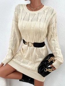 Women Casual Long Sleeve Round Neck Cable Knit Sweater Dress Apricot Solid Color Midi Knitted Dress For Autumn Winter