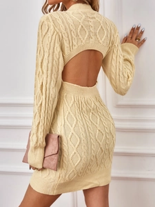 Slim fit cable knit open back long sleeve mini dress in cream beige color