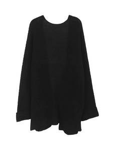 Detail of black long-sleeved knit cardigan featuring chunky texture and ribbed cuffs