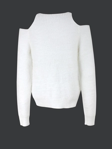 Chic white cold shoulder fuzzy knit sweater with ribbed cuffs and a plush texture
