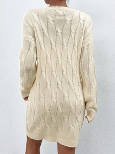 Elegant cream long sleeve cable knit sweater dress with a classic round neck and slim fit