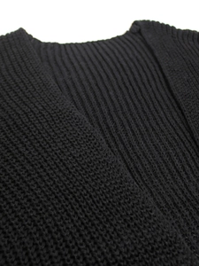 Macro shot of black ribbed knit cardigan texture showing premium fabric details