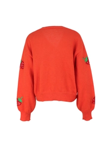 Detailed back view of knit cardigan featuring vibrant strawberry embroidery on sleeves