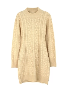 Women's cable knit backless long sleeve round neck sweater dress in beige
