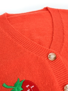 Macro detail of red knit cardigan showing strawberry embroidery and marble buttons