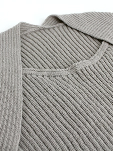 Women long sleeve light gray ribbed knit pullover sweater with minimalist neckline detail