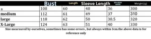 Detailed size guide table for V-neck lace knit sweater covering S to XL measurements