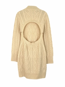 Beige cable knit long sleeve dress featuring a stylish circular open back design