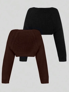 Close-up of knit bolero set showing ribbed texture in black and dark coffee brown colors