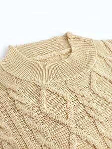 Women's beige cable knit sweater dress with round neck and detailed texture