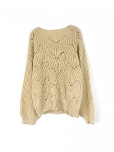 Women's crewneck hollow out knit sweater in cream white with leaf crochet patterns
