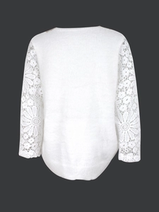 White long sleeve v-neck lace hollow knit sweater showing back view and floral details