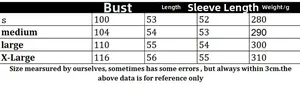 Size chart for knit cardigan showing bust, length, and sleeve measurements in centimeters