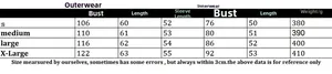 Size chart showing bust, length, and sleeve measurements for the two-piece knitwear set