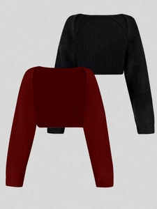 Detail of ribbed knit texture on black and burgundy long sleeve cropped cover-ups
