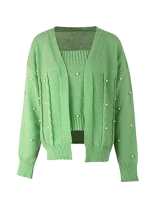 Green knit two-piece set featuring a V-neck cardigan and tank top with pearl accents