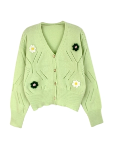 Women's light green knit cardigan with V-neck, floral embroidery and metal buttons