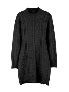 Close-up of black cable knit long sleeve dress showing textured diamond pattern detail