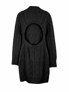 Detailed view of black cable knit dress featuring a stylish large circular back cutout