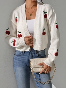 Women's Cherry Embroidery Knit Cardigan Cropped V-Neck Long Sleeve Sweater Casual Sweet Style Buttonless Knitwear Top