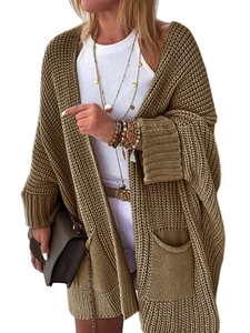 Detail of chunky knit khaki cardigan showing oversized pockets and cable texture