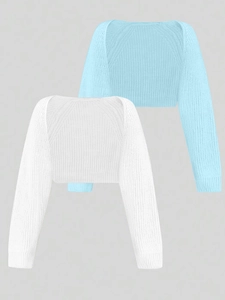 Detailed knit texture of white and light blue long sleeve shrugs with ribbed cuffs