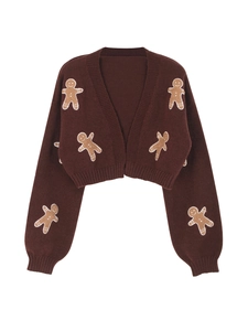 Dark brown V-neck knit cardigan with cute gingerbread man embroidery for Christmas