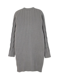 Grey long knit cardigan dress with cable patterns on sleeves and vertical ribbed texture