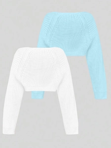 Detailed knit texture on long sleeve bolero shrugs in white and light blue set